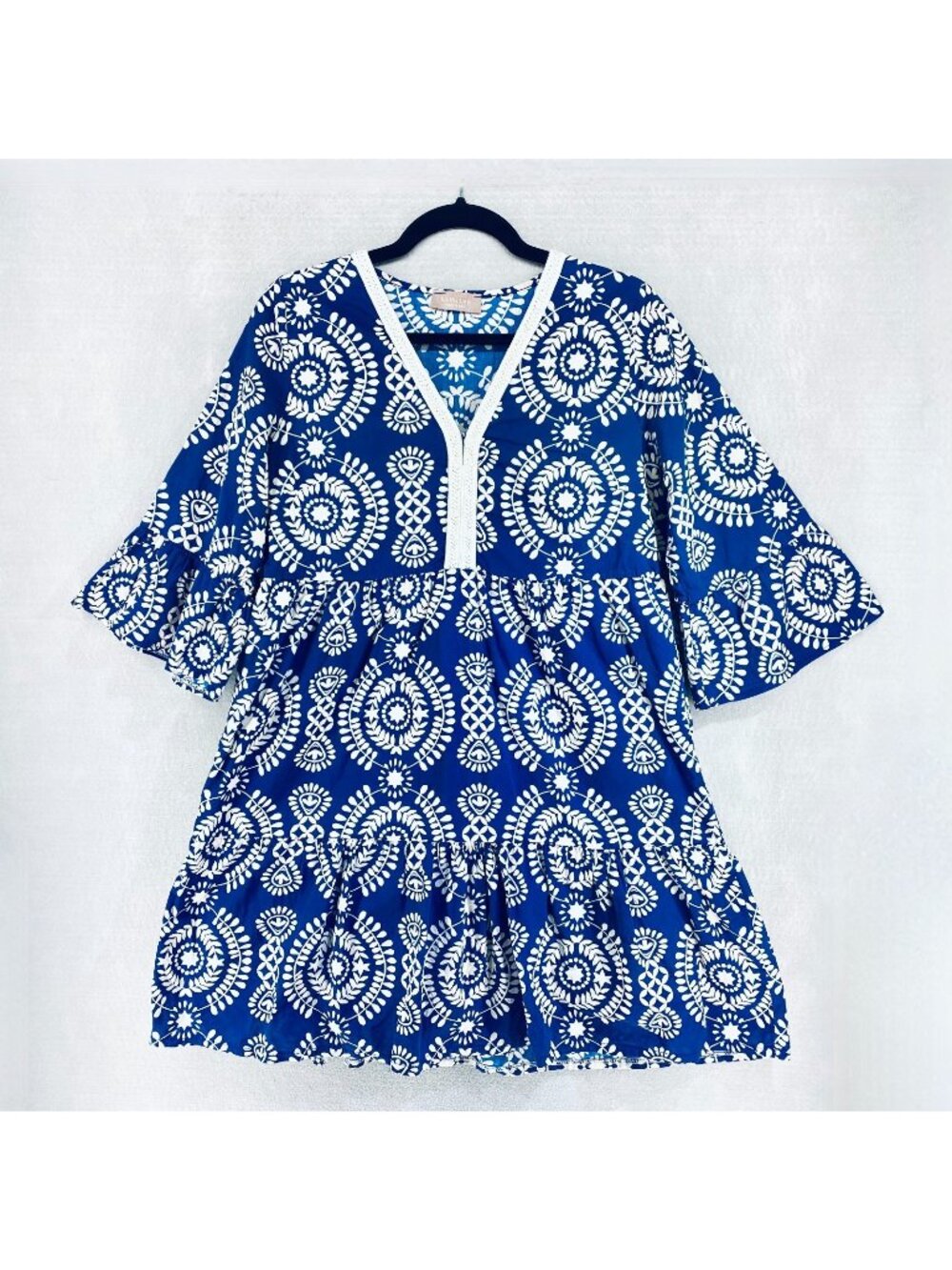 Saiph Lab Italian Dress Womens M Blue Floral Layered Mini Italy Chambray Preppy